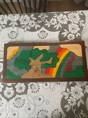 Handmade Wooden Tree & Rainbow Puzzle Dyed Landscape Art - Multicolor